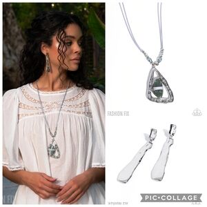 Silver-Tone Necklace with Green Mosaic Teardrop Pendant